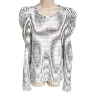 LOFT Black and White Striped Pleated Puffy Shoulder Long Sleeve Top Medium